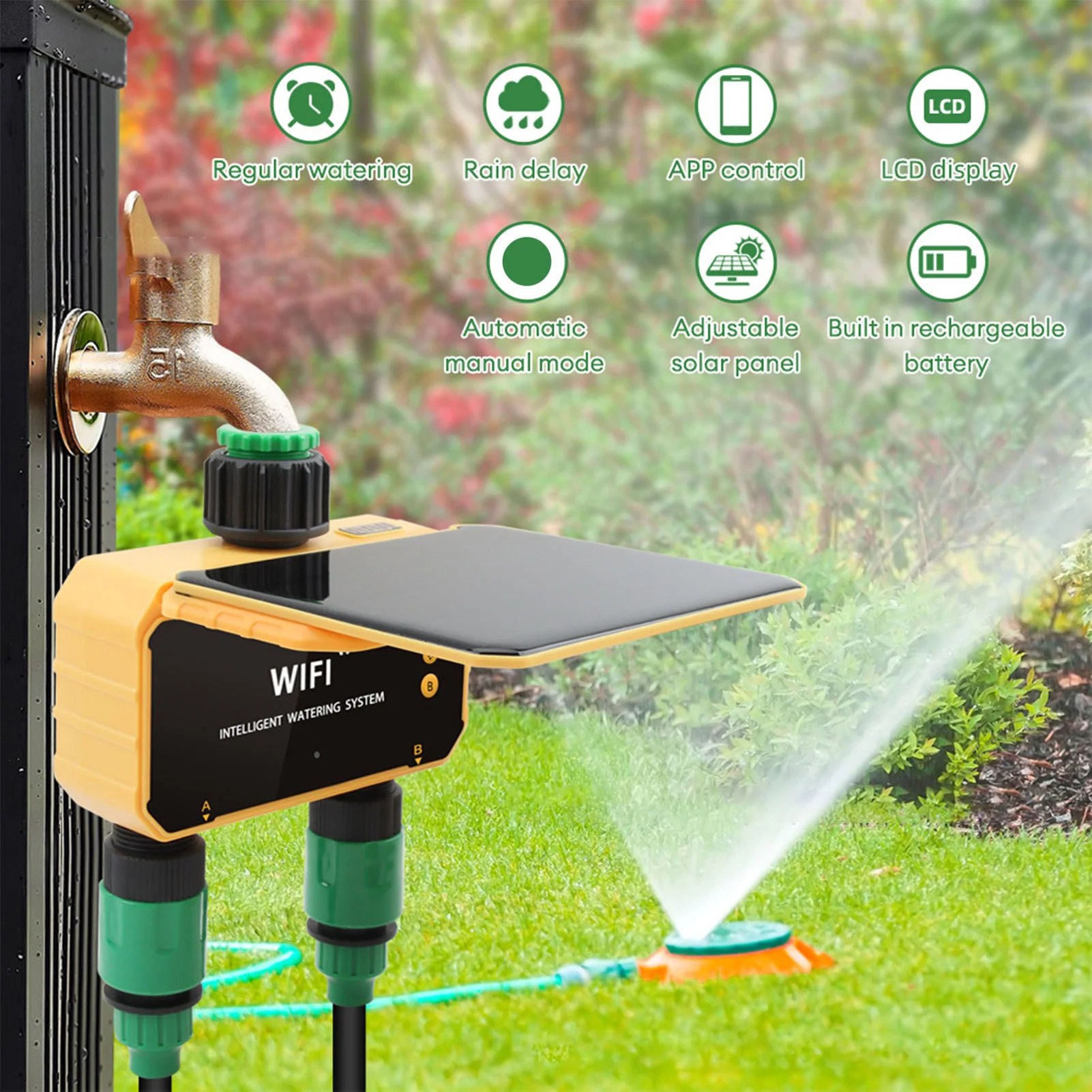 Smart Garden Watering - ตัวตั้งเวลาควบคุมการรดน้ำอัจฉริยะแบบโซลาร์ไวไฟ พร้อมฟังก์ชั่นตรวจจับฝน ควบคุมผ่านแอพพลิเคชั่น 2 ช่องจ่ายน้ำ สำหรับสวนและสนามหญ้า