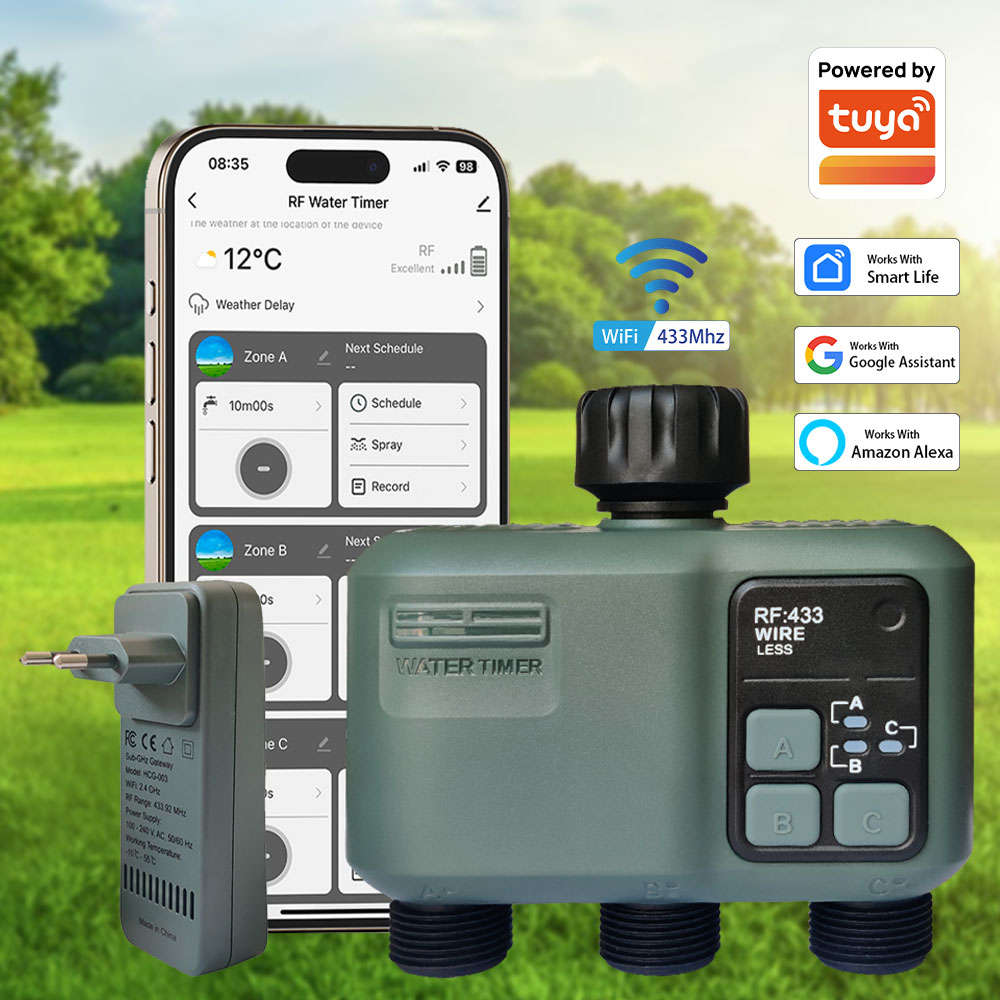 Smart Garden Water Timer - ตัวตั้งเวลาควบคุมการรดน้ำสวนแบบ 3 ช่องทาง Tuya Wifi+RF433 พร้อมฟังก์ชั่นหน่วงเวลาเมื่อฝนตก